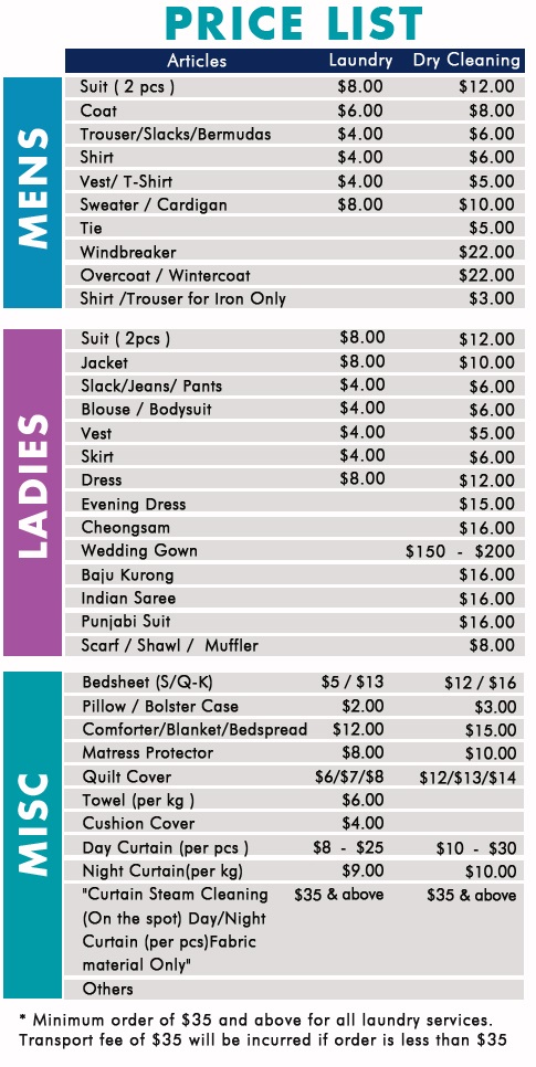 Laundry & Dry Cleaning Rates in Singapore